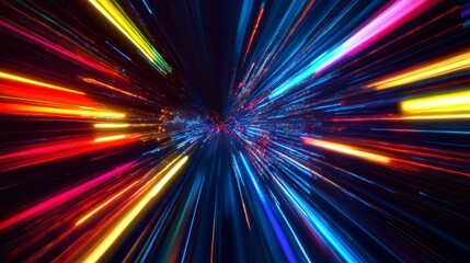 Abstract vibrant speed lines, city tunnel effect, fast motion, digital art, dynamic background, for futuristic presentation
