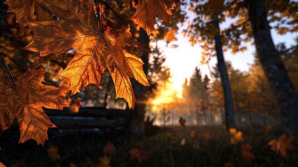 Autumn leaves, forest sunrise, vibrant colors, serene scene