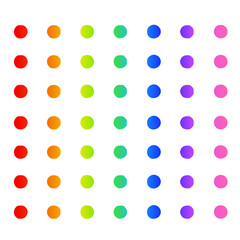 Grid of colored dots in a gradient pattern, ranging from red to pink, showcasing a smooth transition through the colors of the spectrum.