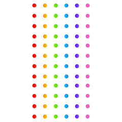 A vertical arrangement of colored circles in red, orange, yellow, green, blue, violet, and pink hues, organized into rows.