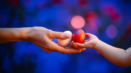 Traditional Easter egg exchange between adult and child hands with vibrant blue and red lighting