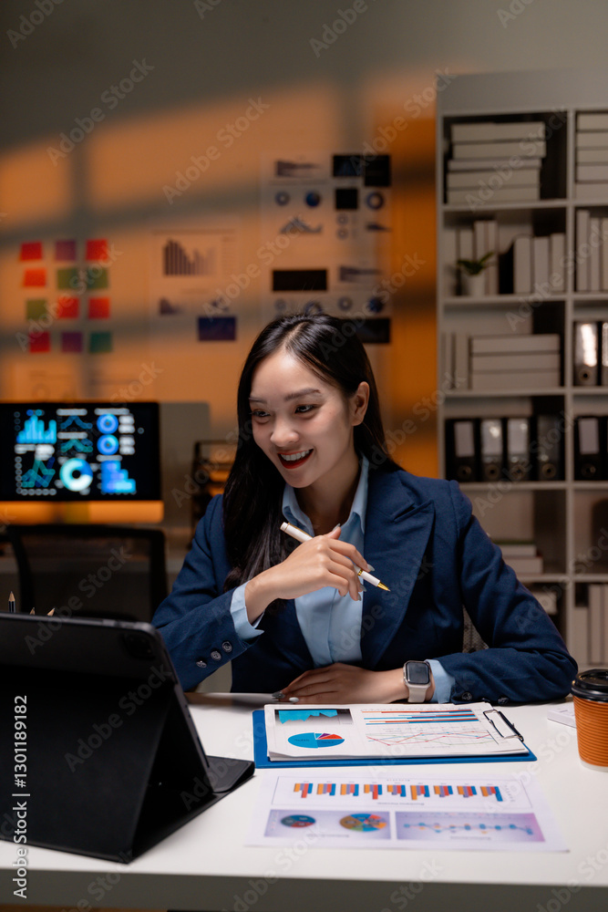 Poster asian businesswoman working late using tablet and analyzing financial statistics displayed on the sc