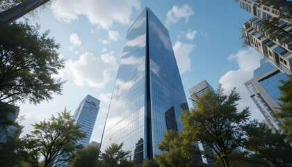A Modern Glass Skyscraper Piercing A Vibrant Blue Sky, Surrounded By Lush Green Trees On A Bright Sunny Day, Showcasing A Striking Architectural Design