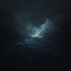 Fototapeta premium Stormy ocean waves illuminate solitary figure standing amidst tempestuous waters at night