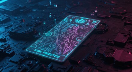 Futuristic High Priestess Tarot Card in Cyberpunk Neon Glow