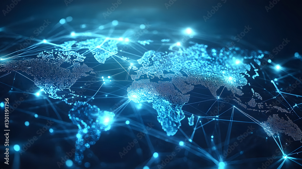 Wall mural light blue background with a digital world map and global network connections, representing the conc