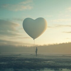 Fototapeta premium Heart-shaped balloon floats in serene landscape at dusk, person stands and gazes in awe of the picturesque view