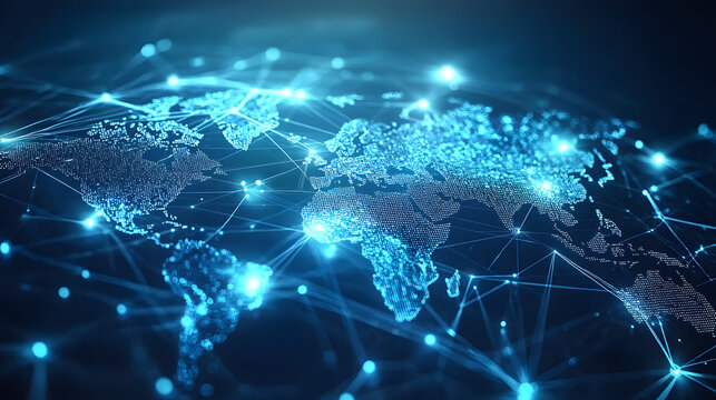 light blue background with a digital world map and global network connections, representing the concept of international business or connectivity