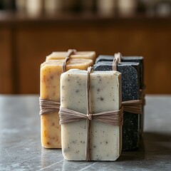 Assorted bars of handcrafted soaps displayed artistically with various colors and designs for a luxurious bath experience