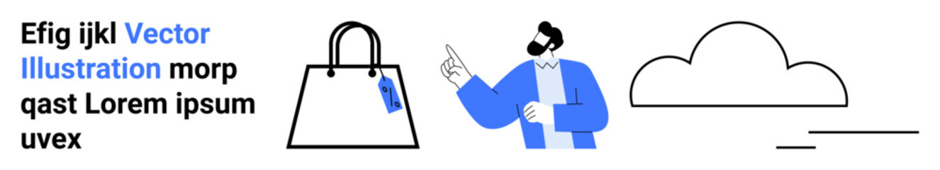 Man gesturing toward a handbag with a price tag, accompanied by a cloud and text. Ideal for shopping, fashion, customer engagement, e-commerce, marketing, cloud services and web design. Perfect flat