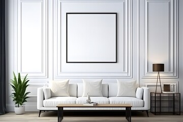 Modern living room with white sofa and blank poster frame mock up Scandinavia style. Mock up frames on the wall in a modern luxury minimalist living room with a white sofa