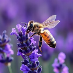 Close-up of a bee pollinating vibrant purple lavender flowers in a tranquil garden environment during sunny day, showcasing nature's beauty and harmony