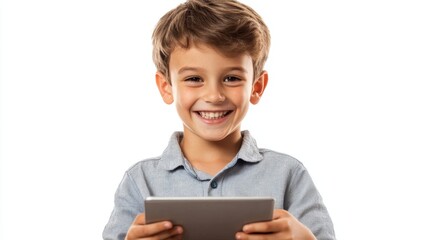 Happy boy in a casual shirt is smiling and holding a tablet isolated over white background