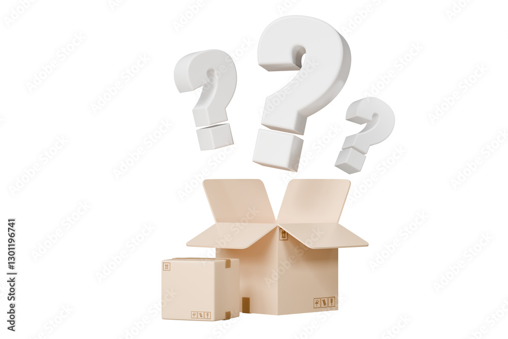 Fototapete 3d mystery box, delivery box or cardboard box with question mark faq icon symbol on isolated orange 