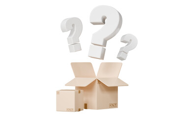 3d Mystery box, Delivery box or Cardboard box with question mark FAQ icon symbol on isolated orange background. Ecommerce online shopping delivery concept. Minimal Cartoon design icon. 3d rendering.