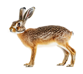 Brown hare standing on its hind legs against a white background, showcasing its unique fur pattern and attentive expression, cut out