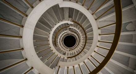 Obraz premium Dramatic Spiral Staircase from Above - Elegant Stone Steps with Golden Railing in Circular Design, Architectural Perspective.