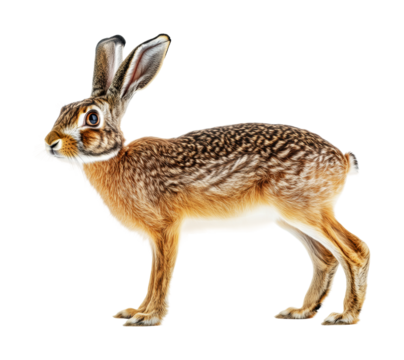 Brown hare standing on its hind legs against a white background, showcasing its unique fur pattern and attentive expression, cut out