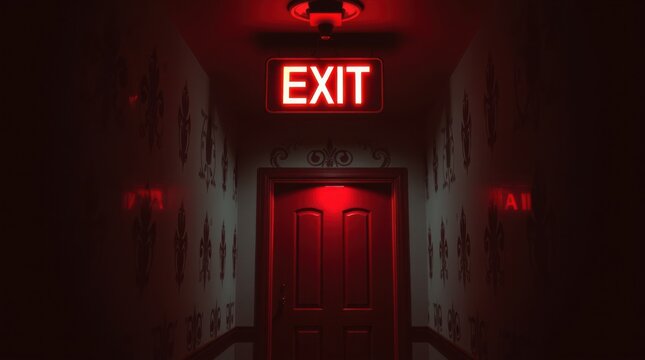A red exit sign hangs over a closed door in a dimly lit hallway with patterned wallpaper, casting an eerie glow.