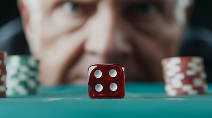 Intense gaze upon a red die showing four, amidst poker chips on a green table. The high-stakes tension is palpable. Luck is on the turn.