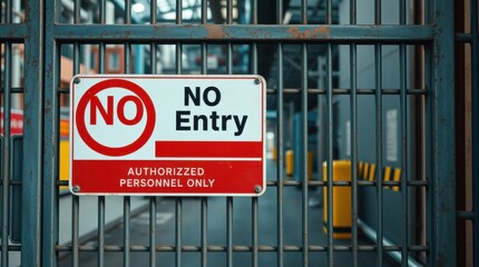 A metal gate displaying a sign that reads "NO Entry" and "Authorized Personnel Only" with red and white.