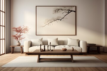 Modern interior design living room with sofa and blank poster frame. living room with picture frame mock up. 