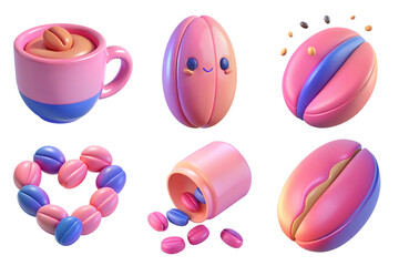 Cute 3D illustrations of colorful coffee beans, mug, and playful shapes evoke joy and creativity