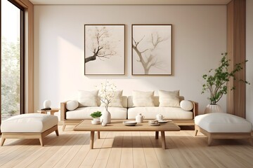 Modern interior design living room with sofa and blank poster frame. living room with picture frame mock up. 
