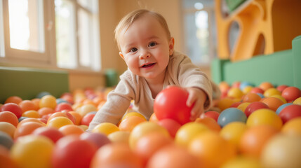 Obraz premium happy baby playing in colorful ball pit, surrounded by vibrant balls