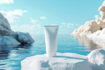 Bright sun and calm waters showcase a skincare product on a rocky shore against a stunning backdrop. Beauty product stands prominently on a white rock with crystal clear water in the background