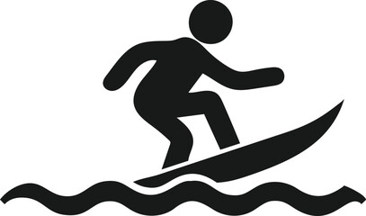 A simple, black silhouette graphic depicts a person surfing a wave.