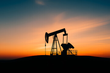 Naklejka premium Silhouette of an oil pump jack against a vibrant sunset backdrop. Capturing the essence of energy production at twilight.