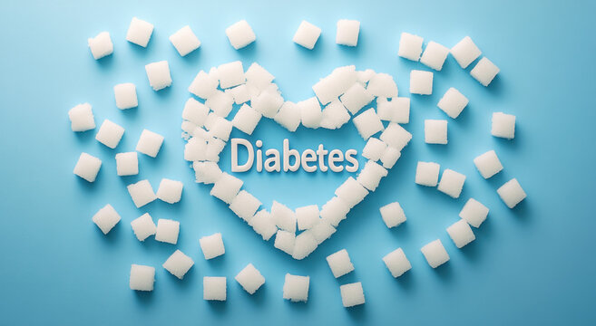 Sugar cubes arranged in a heart shape surround the word Diabetes placed in the center against a light blue background
