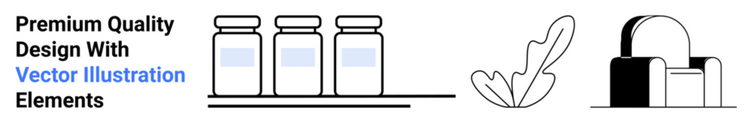 Medicine bottles, a stylized leaf, and a modern fountain combine clean lines for a health and wellness theme. Ideal for healthcare, wellness branding, spa advertising, pharmaceutical ads, self-care