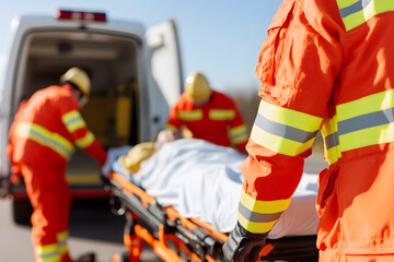 Fototapeta premium Emergency Responders Transfer Patient: Healthcare professionals provide urgent care, swiftly moving a patient on a stretcher into an ambulance for transport.