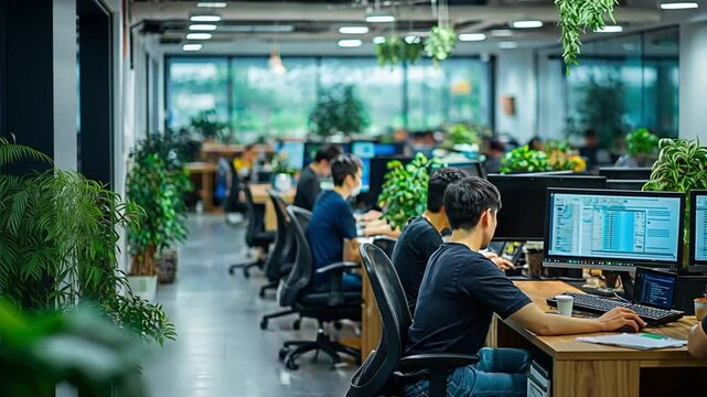 A confident startup founder in a tailored suit stands with arms crossed in a modern office with programmers working in the background. Concept of entrepreneurship, innovation, and tech leadership.