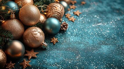 set of lavish baubles and sparkling gold sequins on a mint green surface provide an open area for personalized messages or advertisements in this overhead vertical image, capturing the sleek holiday 