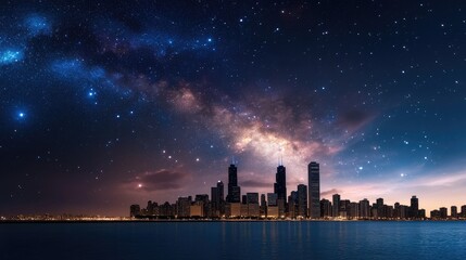City skyline overlaid with data constellations, abstract representation of business intelligence under a cosmic night sky