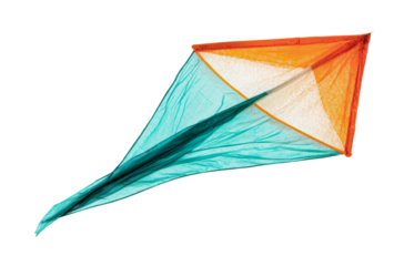 Colorful kite soaring high in the clear blue sky during a sunny day ideal for outdoor play and fun activities, cut out