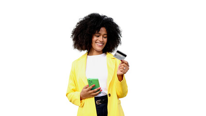 Smiling businesswoman is paying online using credit card and smartphone on transparent background