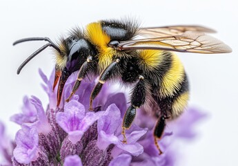 Close-up of a Bumblebee Gathering Pollen from a Lavender Flower in a Garden Setting During a Sunny Day