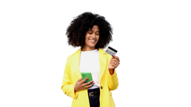 Smiling businesswoman is paying online using credit card and smartphone on transparent background