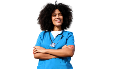 Confident doctor smiling with crossed arms on transparent background
