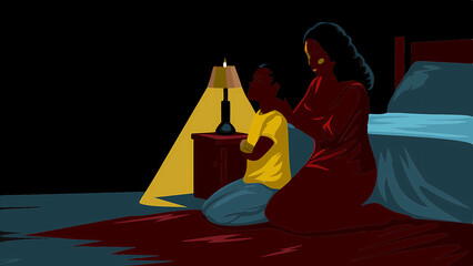 Obraz premium A mother teaching her child to pray, nurturing faith and devotion in Christ vector-style image