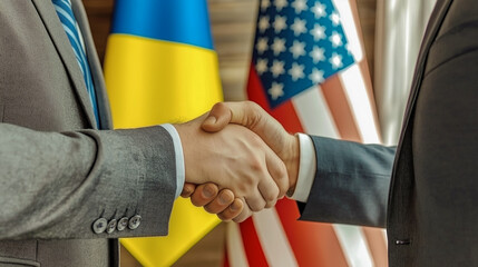 Close-up of two men in business suits shaking hands against the background of the Ukrainian flag and the US flag. Relations between the two countries. Partnership between Ukraine and the USA