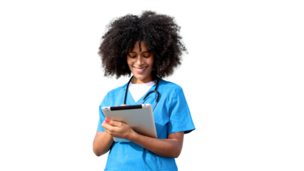 Smiling nurse using digital tablet on transparent background