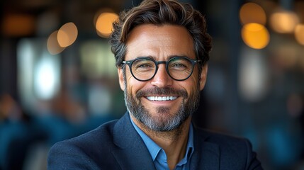 Fototapeta premium A smiling bearded man in glasses and a business suit exudes confidence and approachability against a blue background.