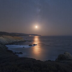 A bright full moon reflecting over a calm ocean under a starry night sky ar 16:9 v 6.1 q 2