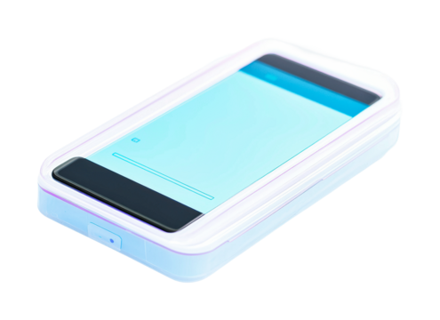 Modern smartphone in sleek case ready for use with bright screen displaying a teal background for quick access and applications, cut out