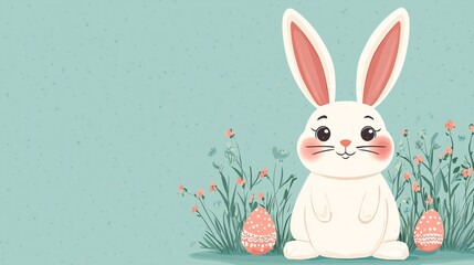Fototapeta premium Easter Holiday, Easter Concept, Adorable Easter Bunny with Decorated Eggs in Spring Meadow Pastel Colors